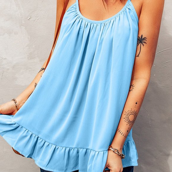 Light Blue Spaghetti Straps Pleated Ruffled Tank Top - Picture 3 of 13